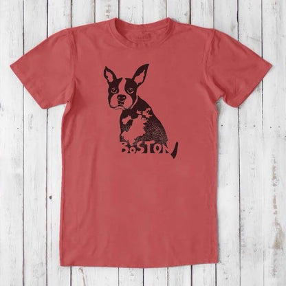Red men's Boston Terrier T-shirt made from bamboo and organic cotton, with a black dog illustration and Boston pride lettering.