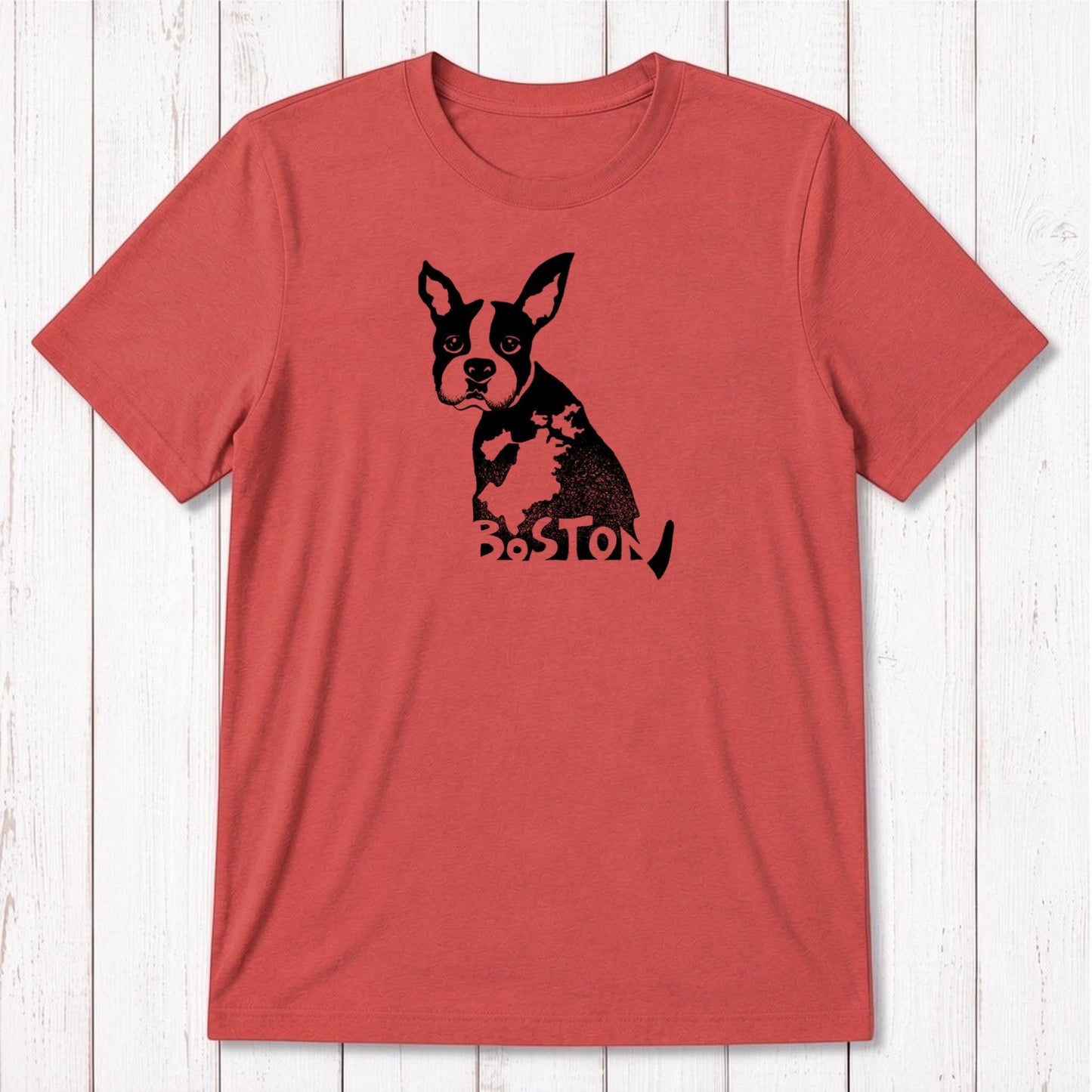 Red men's Boston Terrier T-shirt made from bamboo and organic cotton, with a black dog illustration and Boston pride lettering.