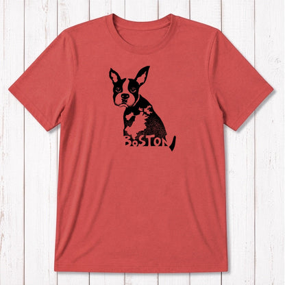 Red men's Boston Terrier T-shirt made from bamboo and organic cotton, with a black dog illustration and Boston pride lettering.
