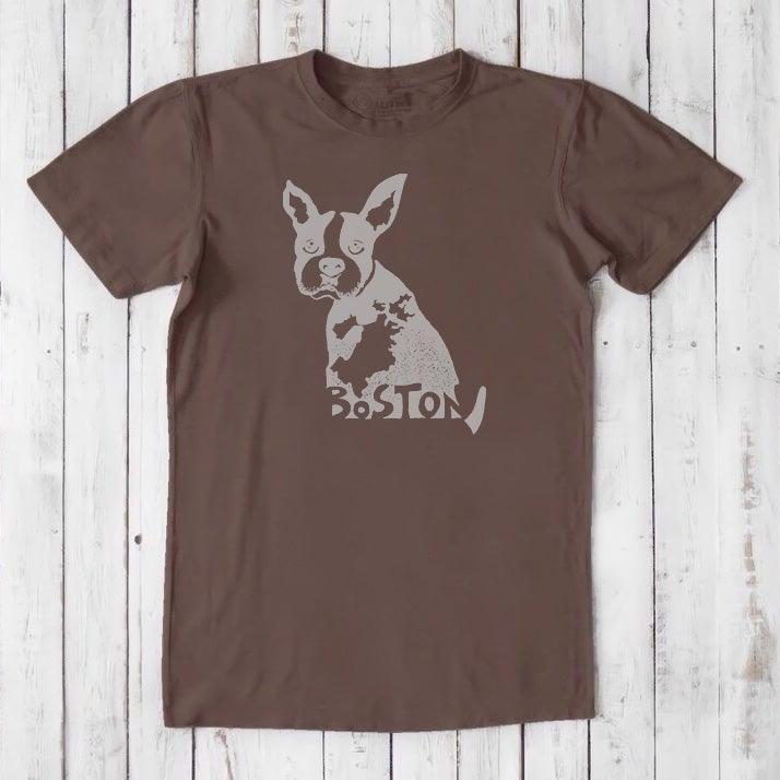 Chocolate brown Boston Terrier T-shirt for men in bamboo and organic cotton, with light gray dog graphic and Boston city text.