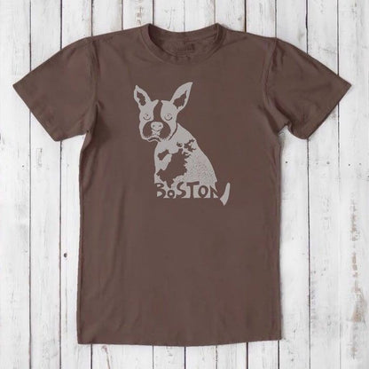 Chocolate brown Boston Terrier T-shirt for men in bamboo and organic cotton, with light gray dog graphic and Boston city text.