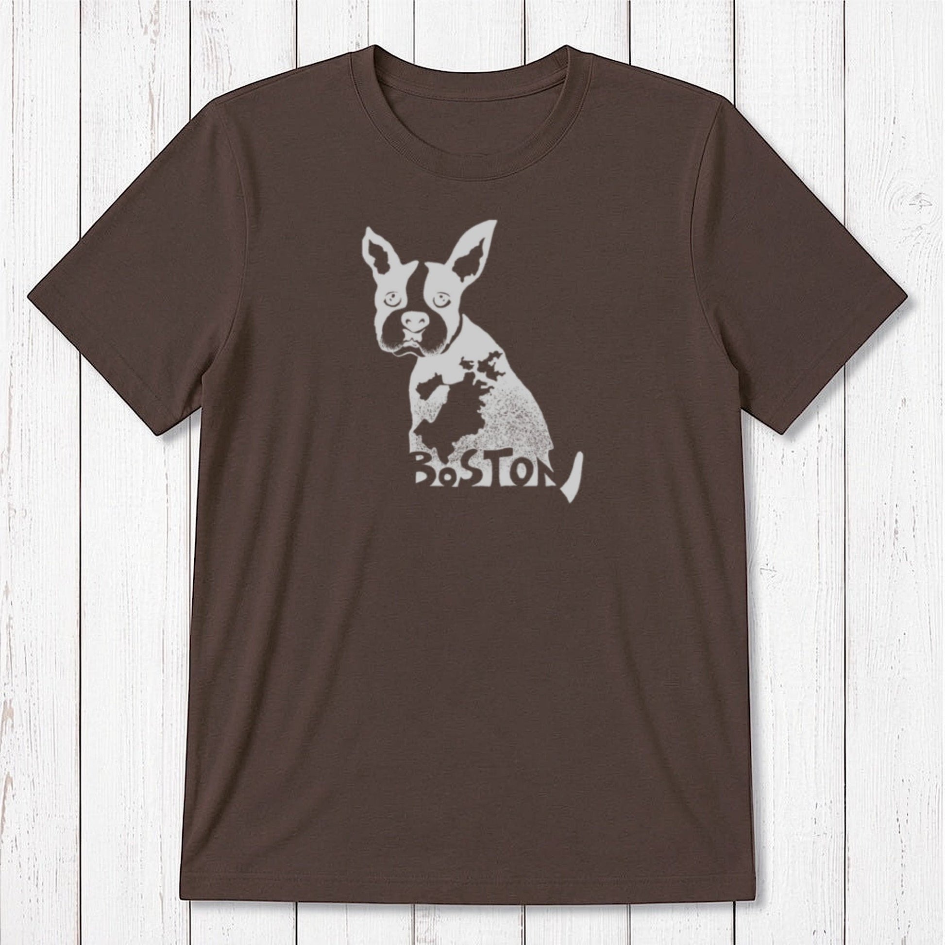 Chocolate brown Boston Terrier T-shirt for men in bamboo and organic cotton, with light gray dog graphic and Boston city text.