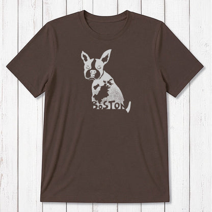 Chocolate brown Boston Terrier T-shirt for men in bamboo and organic cotton, with light gray dog graphic and Boston city text.