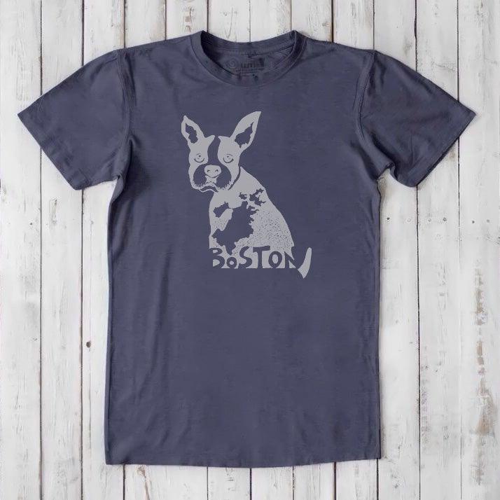 Slate blue men's Boston Terrier T-shirt in bamboo and organic cotton, featuring a light gray dog graphic and Boston-themed design.