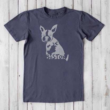 Slate blue men's Boston Terrier T-shirt in bamboo and organic cotton, featuring a light gray dog graphic and Boston-themed design.
