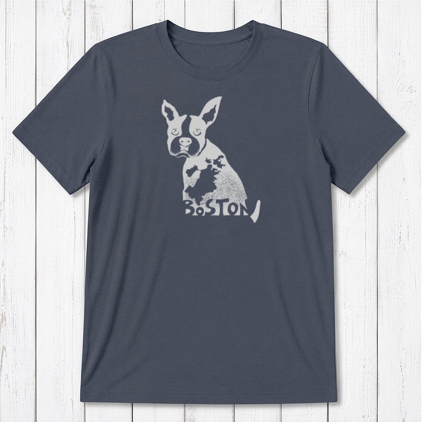 Slate blue men's Boston Terrier T-shirt in bamboo and organic cotton, featuring a light gray dog graphic and Boston-themed design.