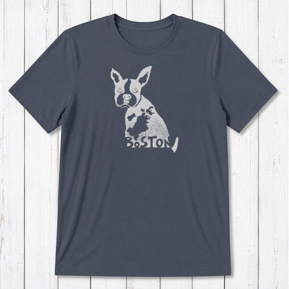 Slate blue men's Boston Terrier T-shirt in bamboo and organic cotton, featuring a light gray dog graphic and Boston-themed design.