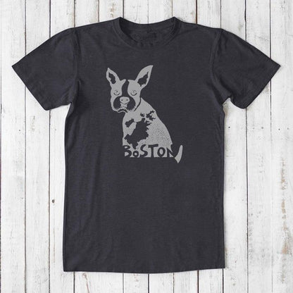Charcoal black Boston Terrier T-shirt for men made from bamboo and organic cotton, with light gray dog illustration and Boston text.