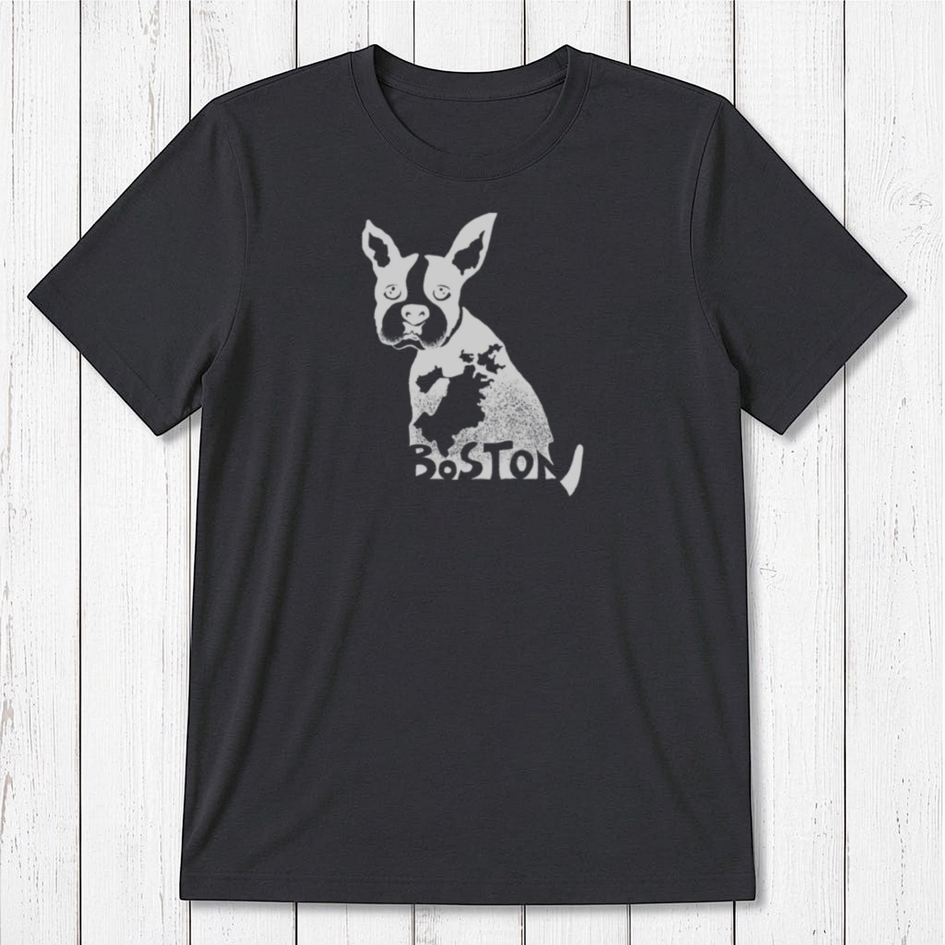 Charcoal black Boston Terrier T-shirt for men made from bamboo and organic cotton, with light gray dog illustration and Boston text.