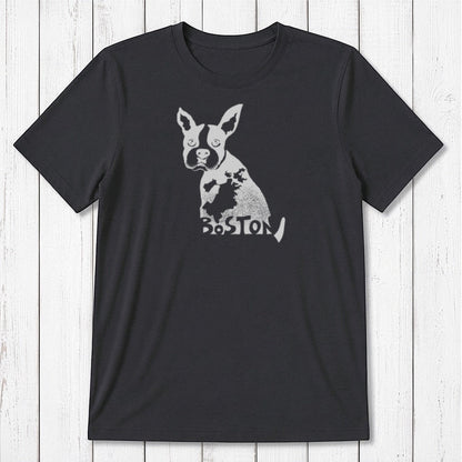 Charcoal black Boston Terrier T-shirt for men made from bamboo and organic cotton, with light gray dog illustration and Boston text.