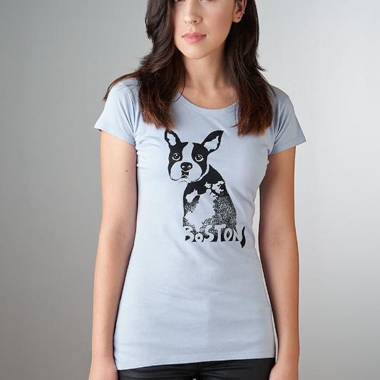 Women’s bamboo and organic cotton t-shirt featuring a black Boston Terrier graphic with 'Boston' text, modeled in light blue. Sustainable dog lover gift.