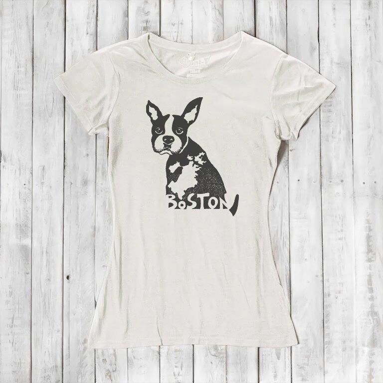 Eco-friendly women’s t-shirt in ivory with Boston Terrier dog print and 'Boston' text, made from bamboo and organic cotton. Unique gift for Massachusetts locals.