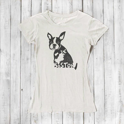 Eco-friendly women’s t-shirt in ivory with Boston Terrier dog print and 'Boston' text, made from bamboo and organic cotton. Unique gift for Massachusetts locals.