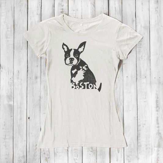 Eco-friendly women’s t-shirt in ivory with Boston Terrier dog print and 'Boston' text, made from bamboo and organic cotton. Unique gift for Massachusetts locals.