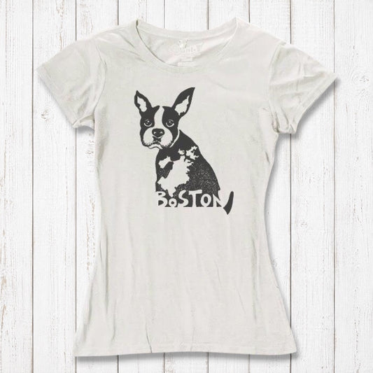 Eco-friendly women’s t-shirt in ivory with Boston Terrier dog print and 'Boston' text, made from bamboo and organic cotton. Unique gift for Massachusetts locals.