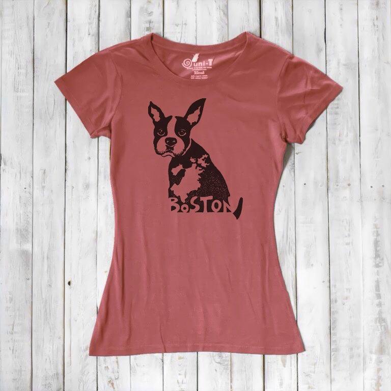 Rust-colored women’s bamboo and organic cotton t-shirt with Boston Terrier graphic and 'Boston' text. Sustainable and stylish dog-themed apparel.