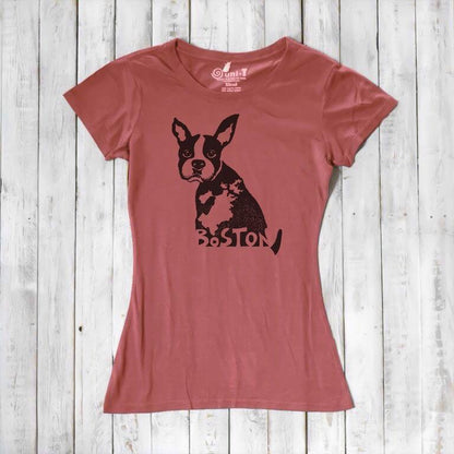Rust-colored women’s bamboo and organic cotton t-shirt with Boston Terrier graphic and 'Boston' text. Sustainable and stylish dog-themed apparel.