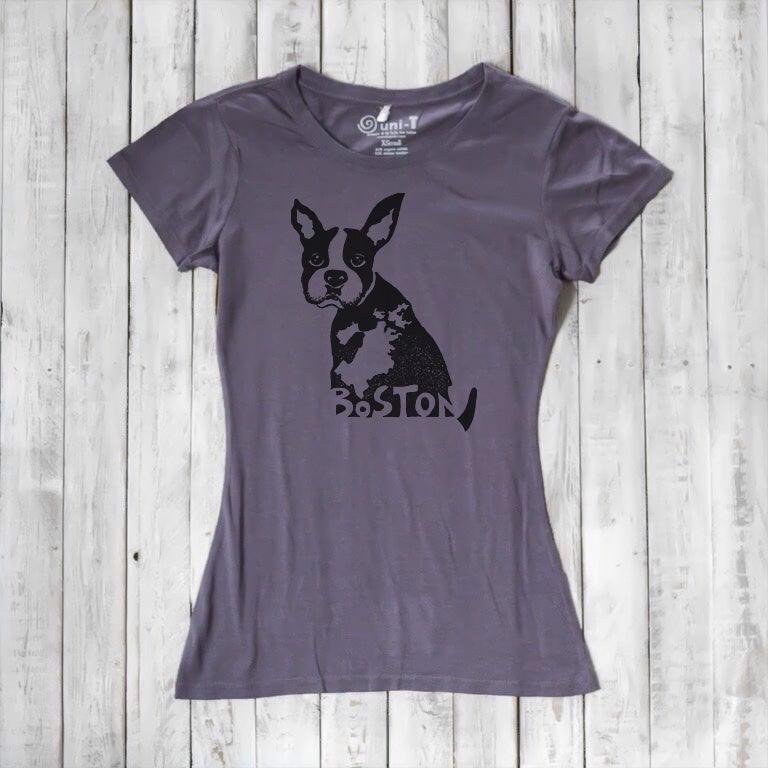 Charcoal purple women’s t-shirt made from bamboo and organic cotton, featuring a Boston Terrier print and 'Boston' text. Eco-conscious gift for dog lovers.