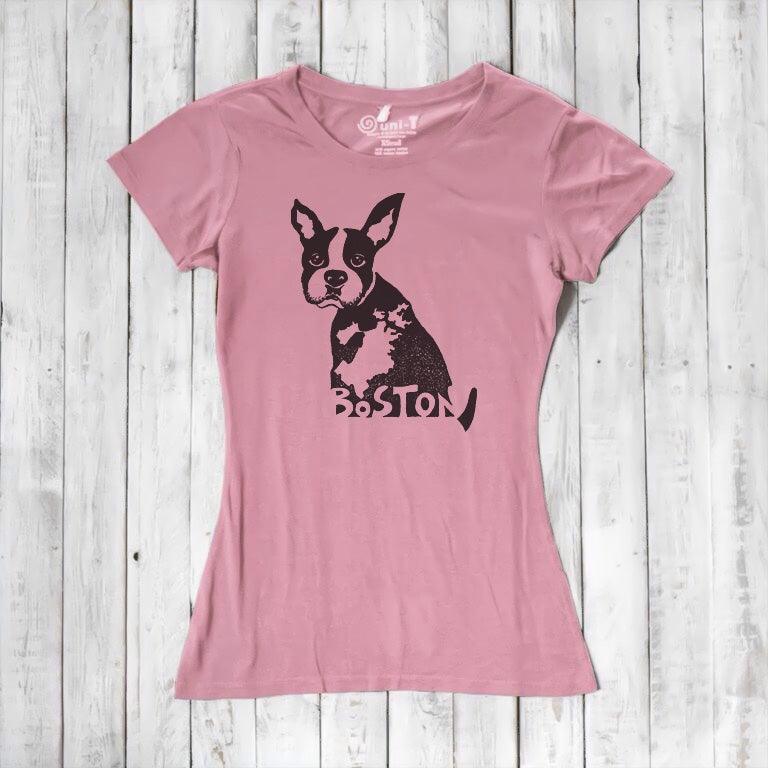 Pink women’s graphic t-shirt with Boston Terrier illustration and 'Boston' text, crafted from bamboo and organic cotton. Cute and sustainable dog lover top.