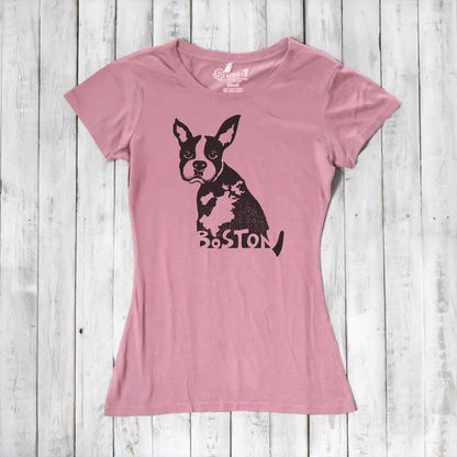 Pink women’s graphic t-shirt with Boston Terrier illustration and 'Boston' text, crafted from bamboo and organic cotton. Cute and sustainable dog lover top.