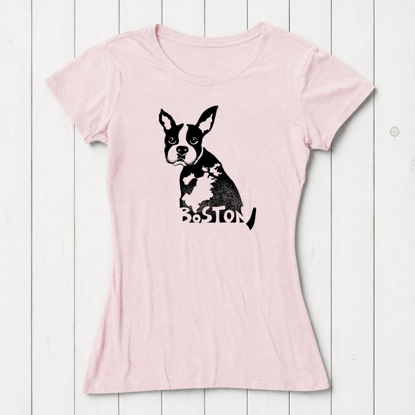 Pink women’s graphic t-shirt with Boston Terrier illustration and 'Boston' text, crafted from bamboo and organic cotton. Cute and sustainable dog lover top.