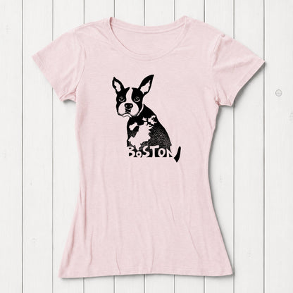 Pink women’s graphic t-shirt with Boston Terrier illustration and 'Boston' text, crafted from bamboo and organic cotton. Cute and sustainable dog lover top.