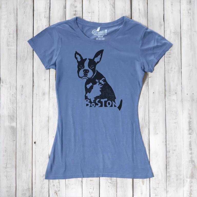 Slate blue women’s t-shirt with Boston Terrier dog print and 'Boston' text, made from bamboo and organic cotton. Eco-friendly gift for animal lovers.