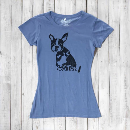 Slate blue women’s t-shirt with Boston Terrier dog print and 'Boston' text, made from bamboo and organic cotton. Eco-friendly gift for animal lovers.