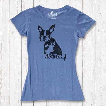 Slate blue women’s t-shirt with Boston Terrier dog print and 'Boston' text, made from bamboo and organic cotton. Eco-friendly gift for animal lovers.