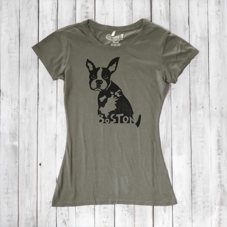 Olive green women’s bamboo and organic cotton t-shirt featuring a Boston Terrier graphic and 'Boston' text. Sustainable fashion for dog enthusiasts.