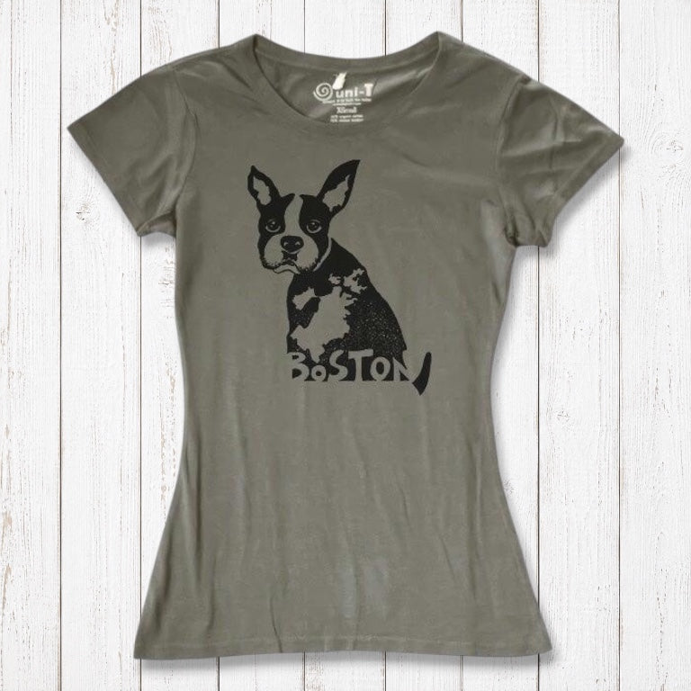 Olive green women’s bamboo and organic cotton t-shirt featuring a Boston Terrier graphic and 'Boston' text. Sustainable fashion for dog enthusiasts.