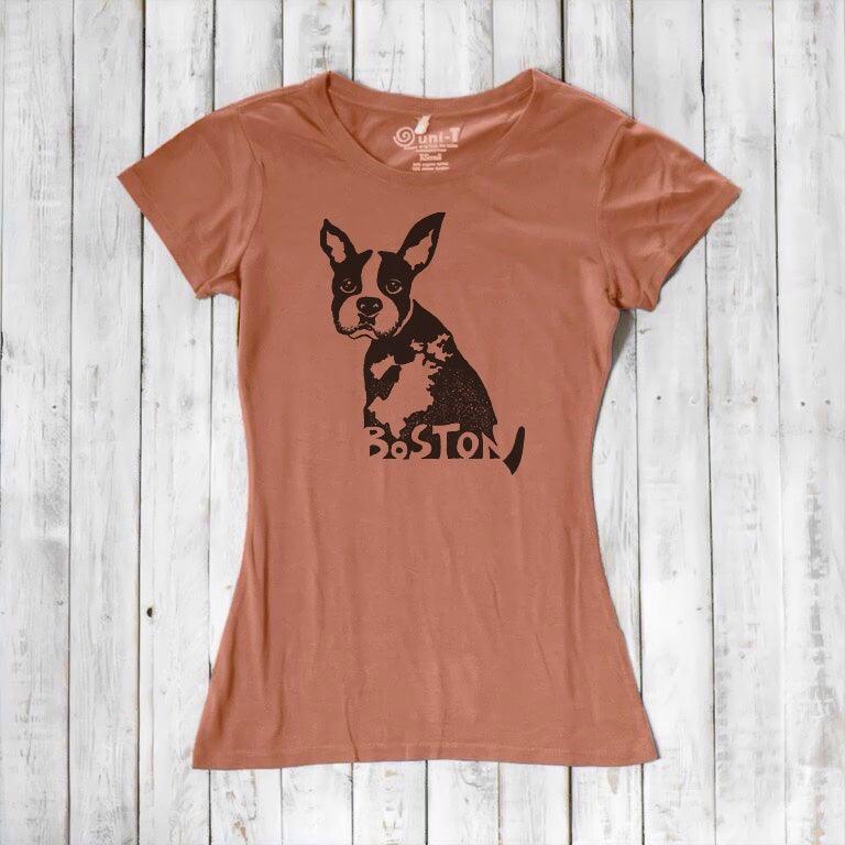 Terracotta women’s t-shirt with Boston Terrier print and 'Boston' text, made from bamboo and organic cotton. Unique eco-friendly gift for her.