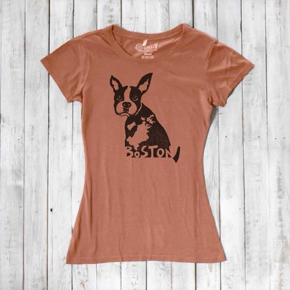 Terracotta women’s t-shirt with Boston Terrier print and 'Boston' text, made from bamboo and organic cotton. Unique eco-friendly gift for her.