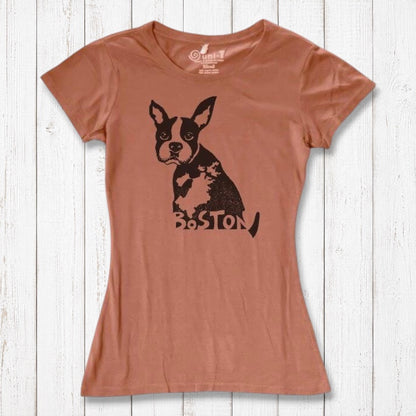 Terracotta women’s t-shirt with Boston Terrier print and 'Boston' text, made from bamboo and organic cotton. Unique eco-friendly gift for her.