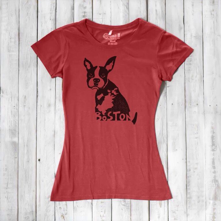Red women’s bamboo and organic cotton t-shirt with black Boston Terrier print and 'Boston' text. Perfect eco-conscious gift for Massachusetts dog lovers.