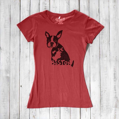 Red women’s bamboo and organic cotton t-shirt with black Boston Terrier print and 'Boston' text. Perfect eco-conscious gift for Massachusetts dog lovers.