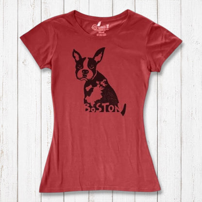 Red women’s bamboo and organic cotton t-shirt with black Boston Terrier print and 'Boston' text. Perfect eco-conscious gift for Massachusetts dog lovers.