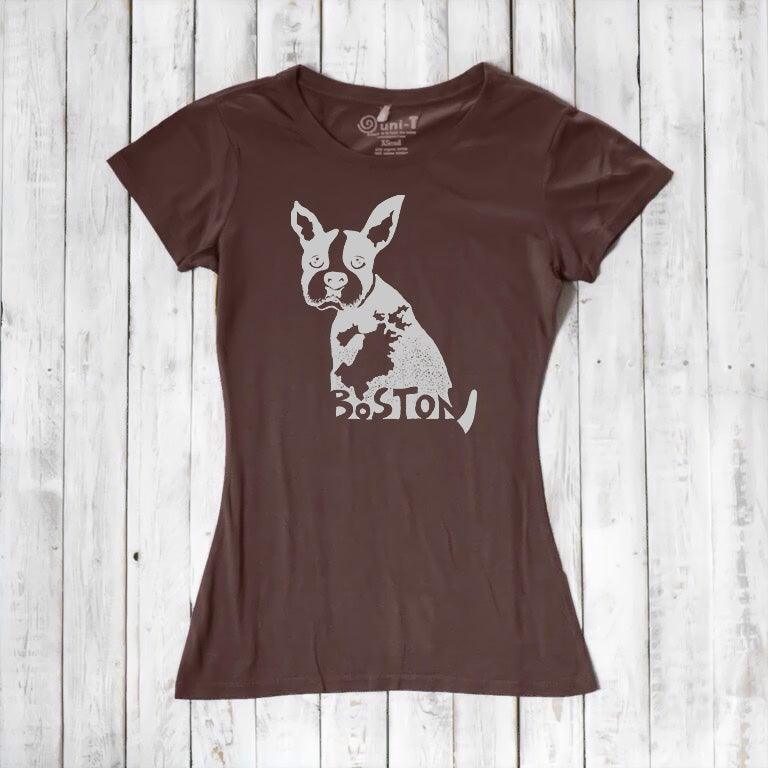 Chocolate brown women’s t-shirt with light Boston Terrier graphic and 'Boston' text, crafted from bamboo and organic cotton. Sustainable dog-themed top.
