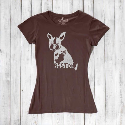 Chocolate brown women’s t-shirt with light Boston Terrier graphic and 'Boston' text, crafted from bamboo and organic cotton. Sustainable dog-themed top.