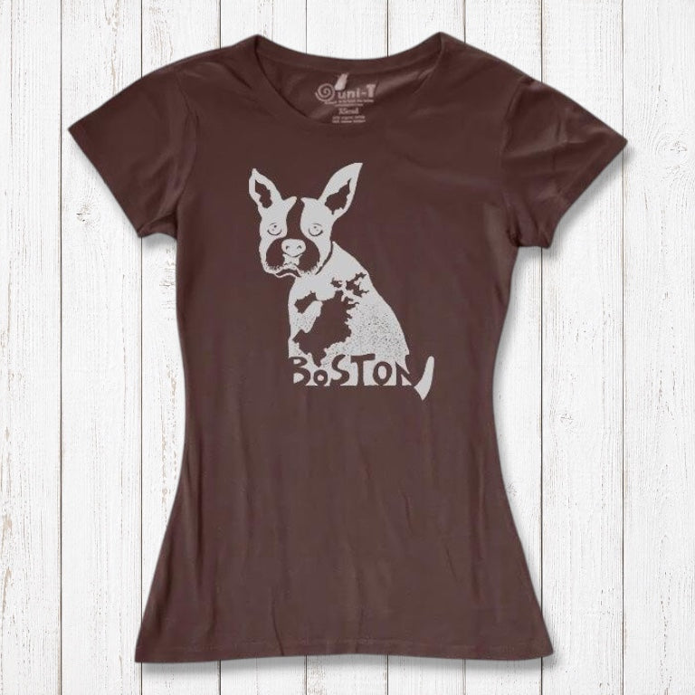 Chocolate brown women’s t-shirt with light Boston Terrier graphic and 'Boston' text, crafted from bamboo and organic cotton. Sustainable dog-themed top.
