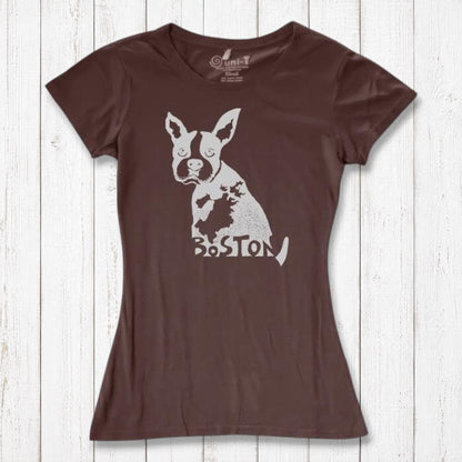 Chocolate brown women’s t-shirt with light Boston Terrier graphic and 'Boston' text, crafted from bamboo and organic cotton. Sustainable dog-themed top.