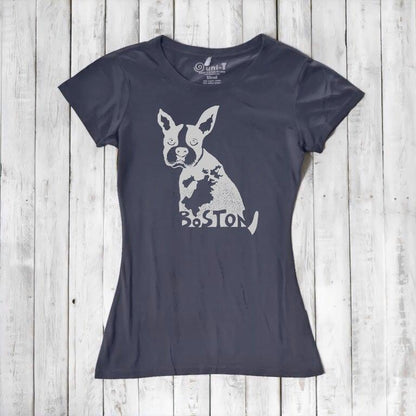 Navy blue women’s t-shirt with light Boston Terrier graphic and 'Boston' text, made from bamboo and organic cotton. Eco-friendly dog lover apparel.