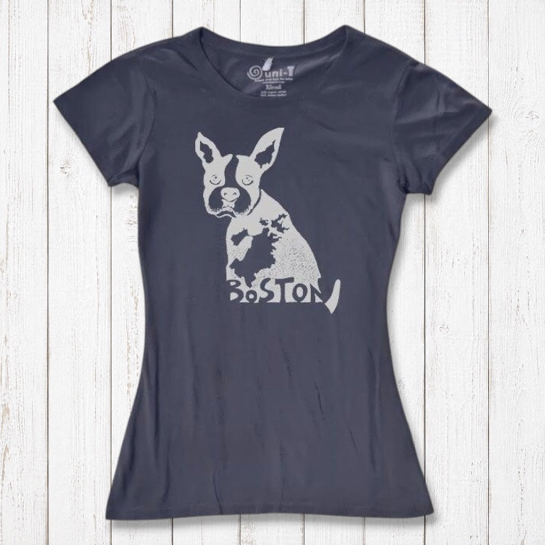 Navy blue women’s t-shirt with light Boston Terrier graphic and 'Boston' text, made from bamboo and organic cotton. Eco-friendly dog lover apparel.