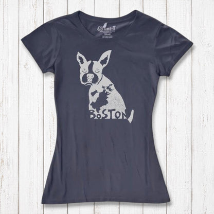 Navy blue women’s t-shirt with light Boston Terrier graphic and 'Boston' text, made from bamboo and organic cotton. Eco-friendly dog lover apparel.