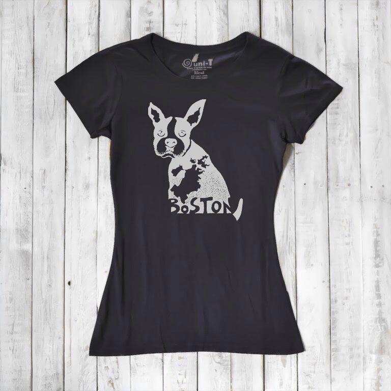Black women’s bamboo and organic cotton t-shirt with light Boston Terrier print and 'Boston' text. Sustainable and stylish gift for animal lovers.