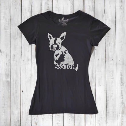 Black women’s bamboo and organic cotton t-shirt with light Boston Terrier print and 'Boston' text. Sustainable and stylish gift for animal lovers.