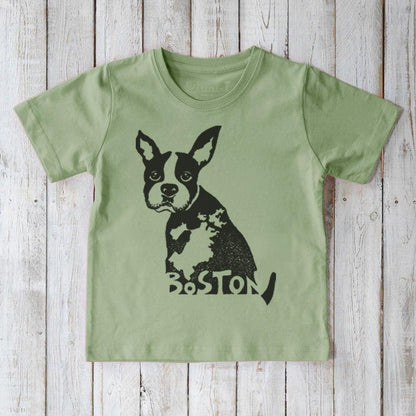 Kids' Boston Terrier Organic Cotton T-Shirt in sage green with cute black puppy graphic and 'Boston' text, eco-friendly dog lover tee for children.