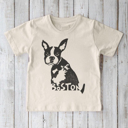 Kids' Boston Terrier Organic Cotton T-Shirt in cream with black puppy graphic and 'Boston' lettering, soft eco-conscious tee for young dog lovers.