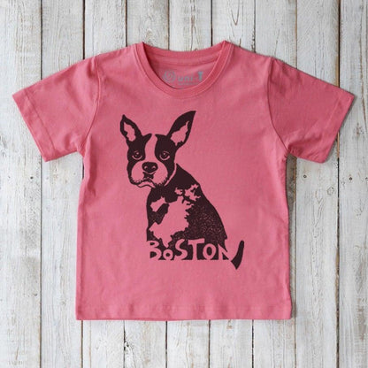 Cute Kids' Boston Terrier Organic Cotton T-Shirt in pink with black puppy design and 'Boston' text, sustainable graphic tee for children.