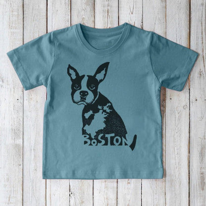 Teal Kids' Boston Terrier Organic Cotton T-Shirt with black puppy illustration and 'Boston' text, sustainable and fun pet-inspired tee for children.